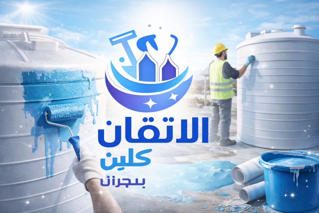 شركة عزل خزانات بنجران – عمال يطبقون مادة عزل زرقاء على خزان مياه مع شعار الاتقان كلين