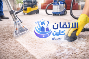 شركة تنظيف بنجران – عمال يقومون بتنظيف السجاد باستخدام معدات حديثة مع ظهور شعار الاتقان كلين