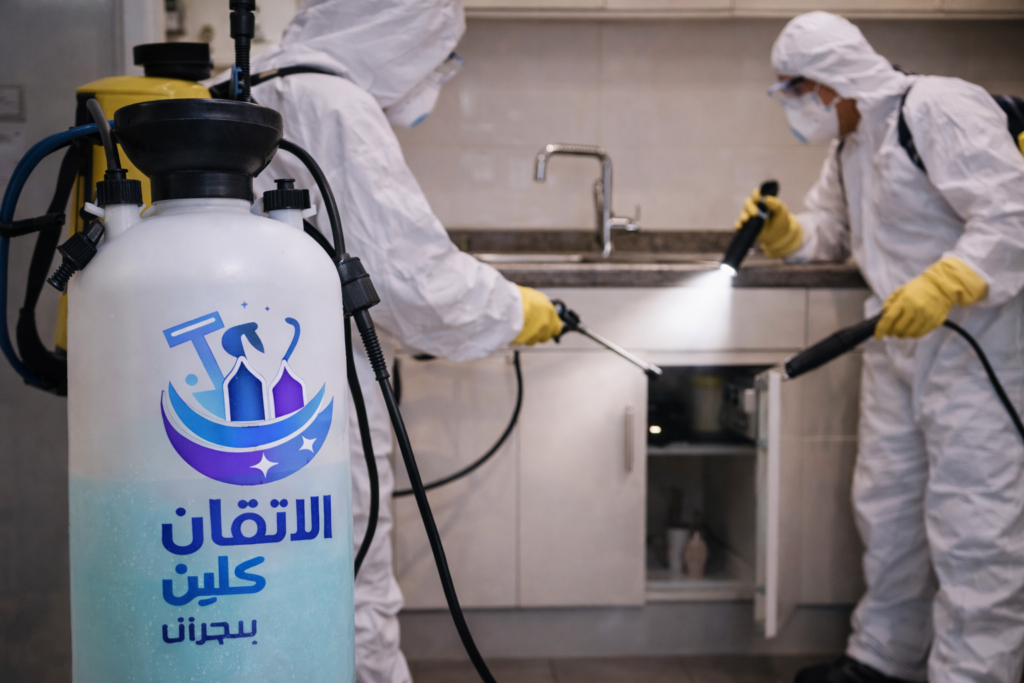 شركة مكافحة حشرات بنجران – عمال متخصصون ينفذون أعمال مكافحة الحشرات باستخدام معدات حديثة داخل الموقع